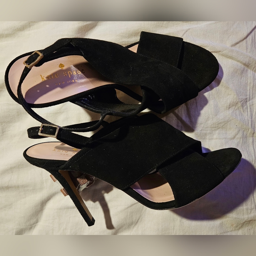 KATE SPADE ♠️ size 7 Black Suede ⚫️ cross-strap slingback open-toe stiletto 4in